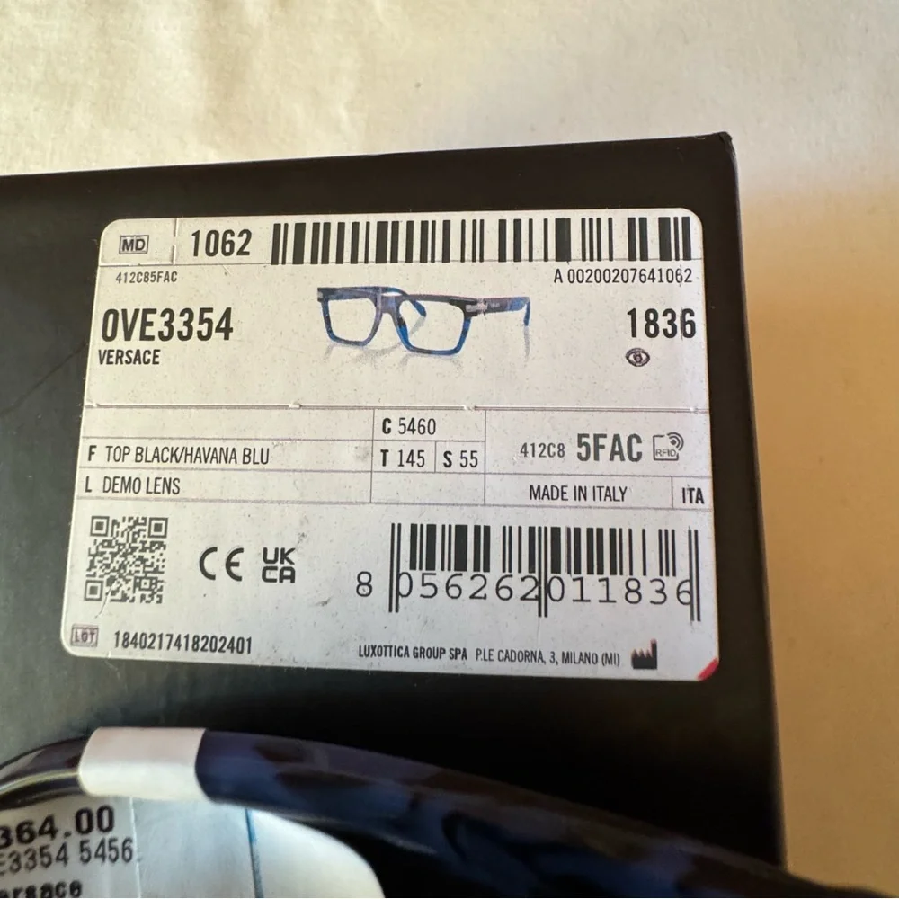 •Versace VE3354 Top Black/Havana Blue Acetate Rectangle Glasses Frame NWT